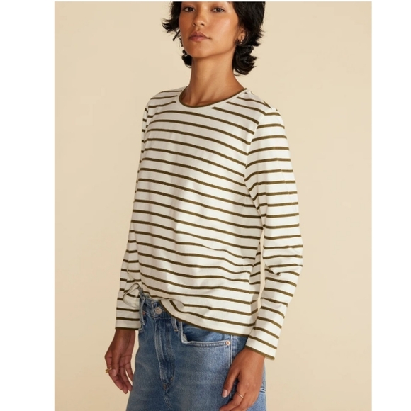 Amour Vert Berkeley Long Sleeve Organic Cotton Top Ivory/Biscotti Stripes Xs New - Picture 1 of 9